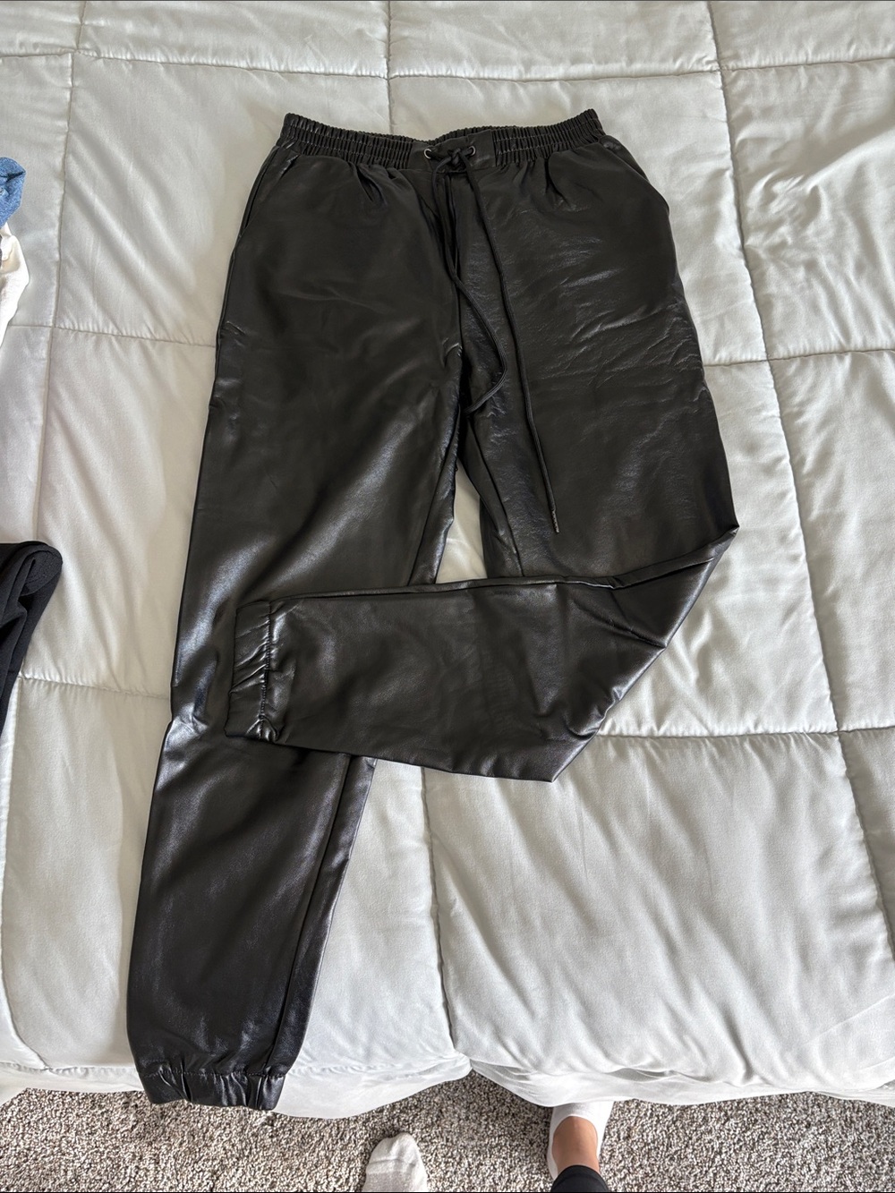 Women’s Black Faux Leather Jogger Trousers